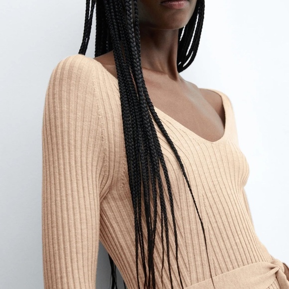 ASOS Mango Bow embellished Dress knitted Ribbed Midi belted Cream tan camel Sz L - Picture 8 of 16